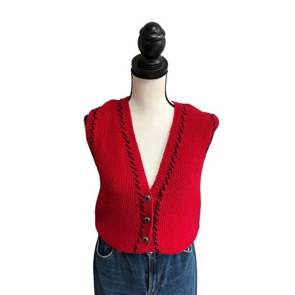 Liz Claiborne Jackets & Blazers - Vintage Lizsport Hand Knit Red Linen Cotton Button Vest Womens S Western Sweater
